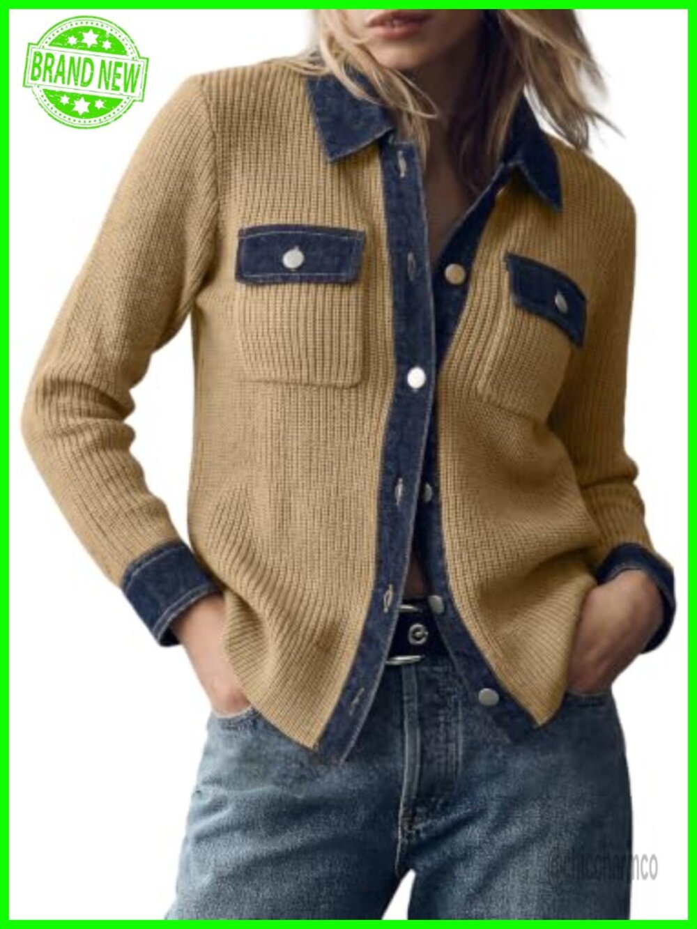 Waffle Knit Button Down Cardigan Denim Trim Long Sleeve V Neck Oversized